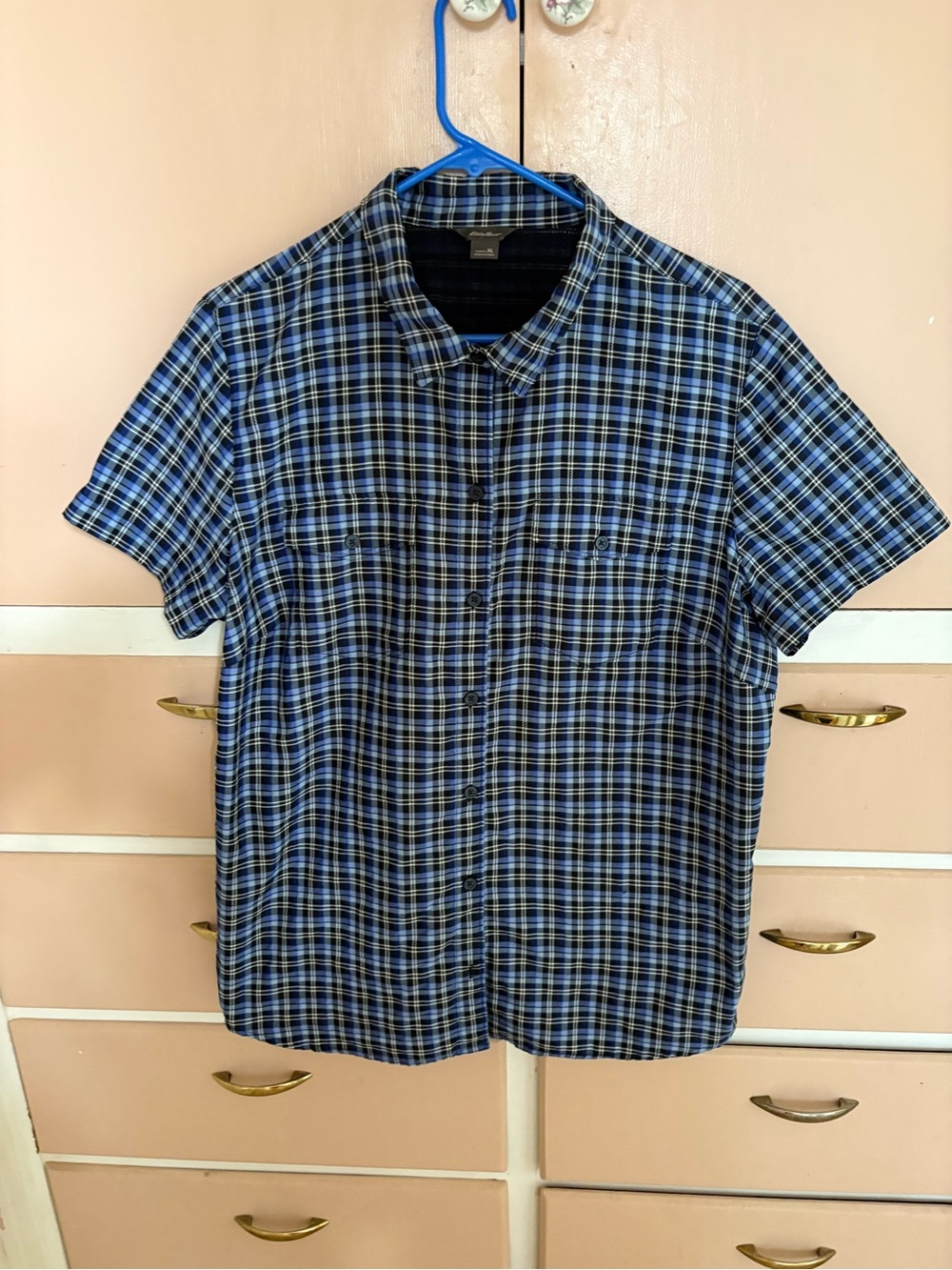Eddie Bauer Navy and Light Blue Plaid Short-Sleeve Button-Down Shirt